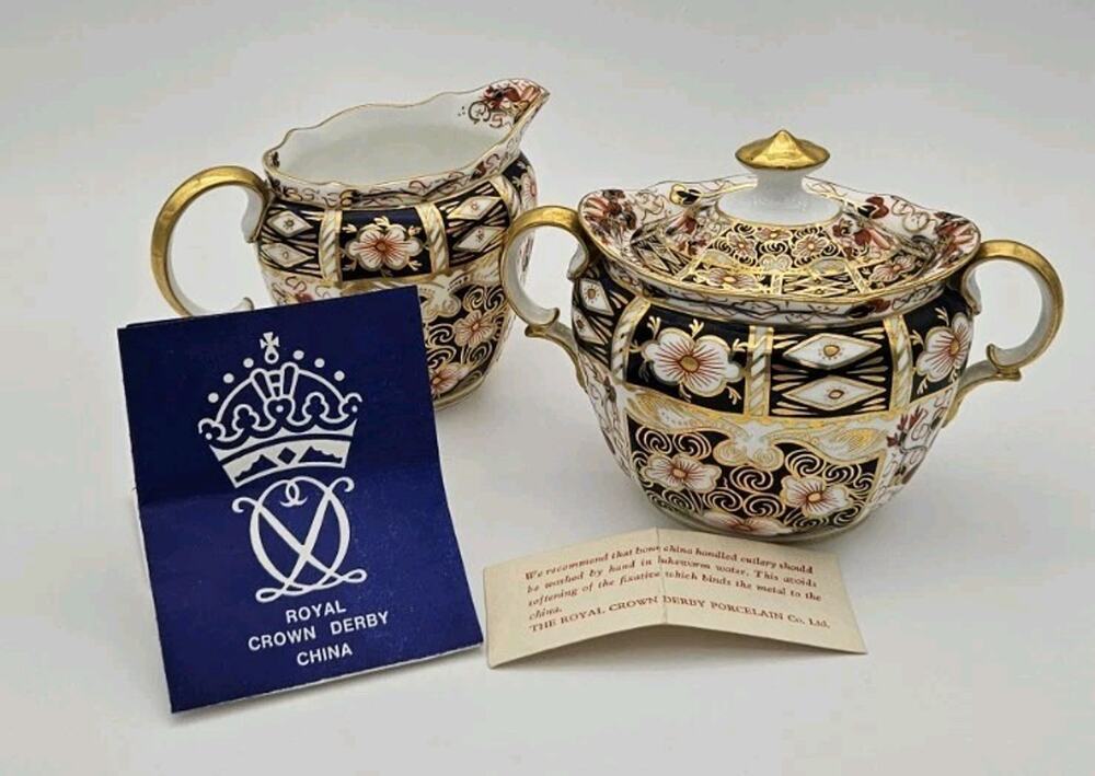 Royal Crown Derby Traditional Imari 2451 Covered Sugar Bowl Creamer Set England